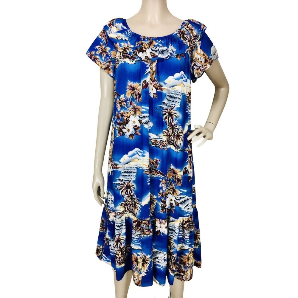 Vintage Hilo Hattie Blue Palm Tree Island Ruffle Neck and Ruffle Hem Midi Dress